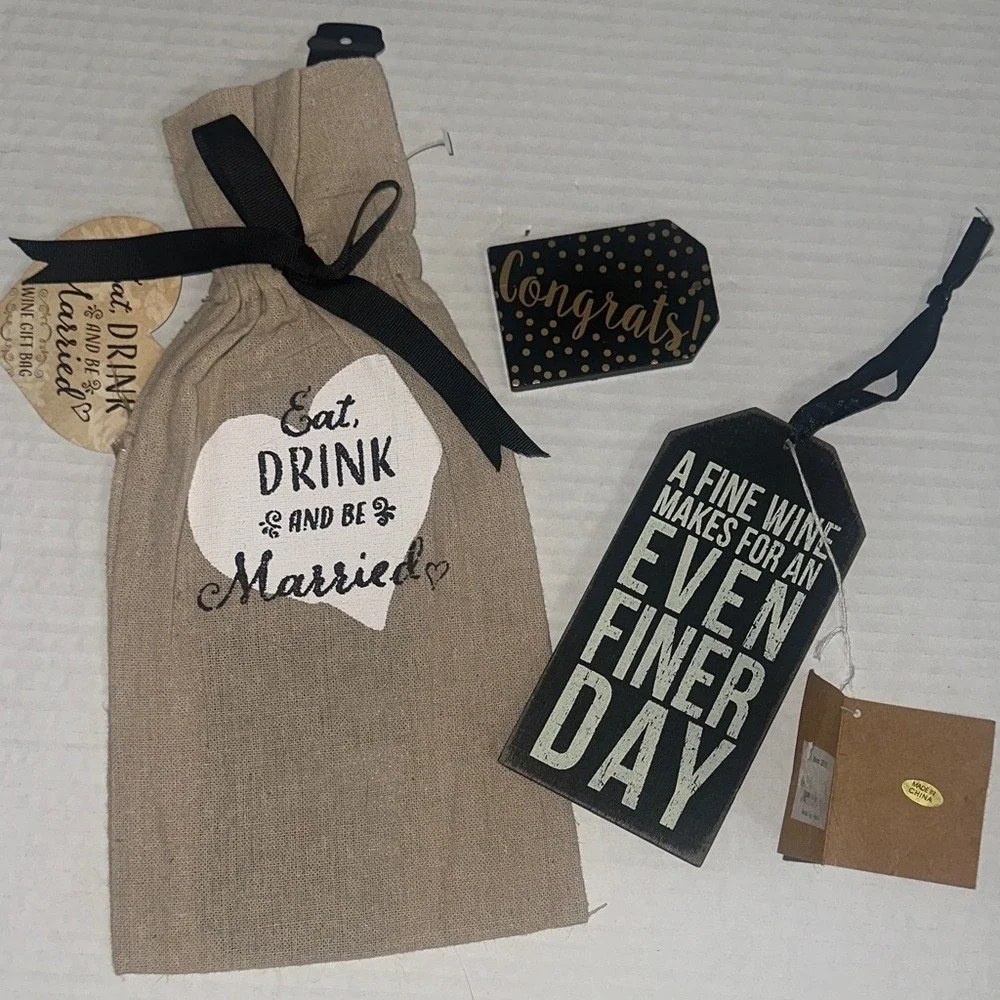 Youngs Inc Wedding Wine Gift Bag Burlap Eat Drink Be Married Wooden Bottle Tags